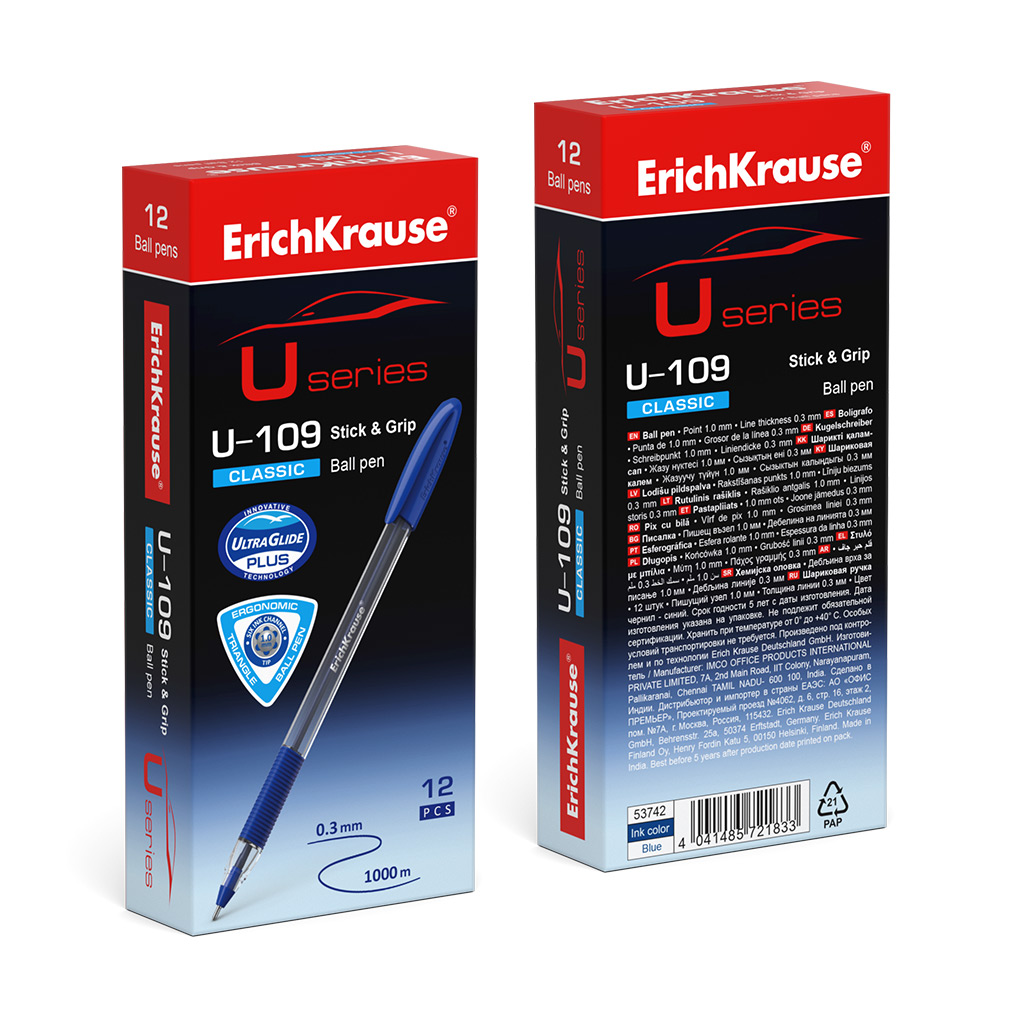 Ручка шариковая синяя 1,0мм U-109 Stick&Grip Classic Ultra Glide Technology ERICH KRAUSE 53742
Ручка шариковая синяя 1,0мм U-109 Stick&Grip Classic Ultra Glide Technology ERICH KRAUSE 53742