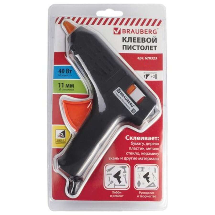 Набор Пистолет клеевой + стержни d-11мм 2шт 40Вт блистер BRAUBERG 670323 
Набор Пистолет клеевой + стержни d-11мм 2шт 40Вт блистер BRAUBERG 670323