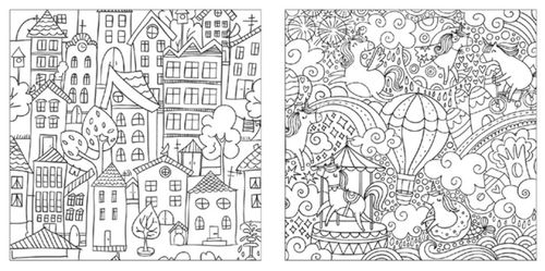 разнообразные раскраски на столе, сюжетные и сложные