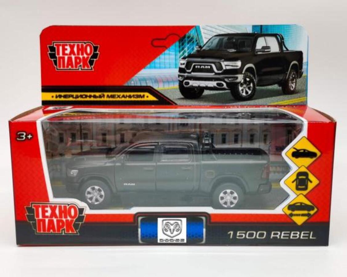 

Машина металл DODGE RAM 1500 REBEL 13см двери, багажник, инерция, матовый черный
