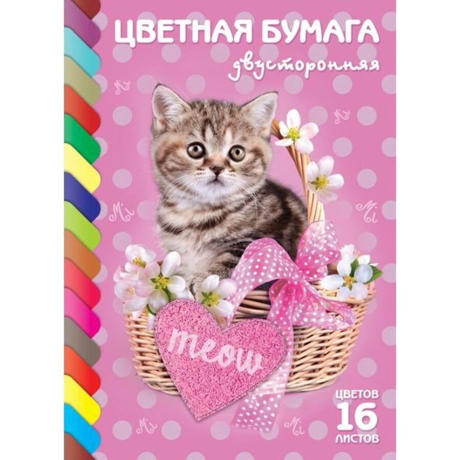 

Бумага цветная А4 16л 16цв газетная двусторонняя Котик скрепка 48г/м2 HATBER 16Бц4_15026