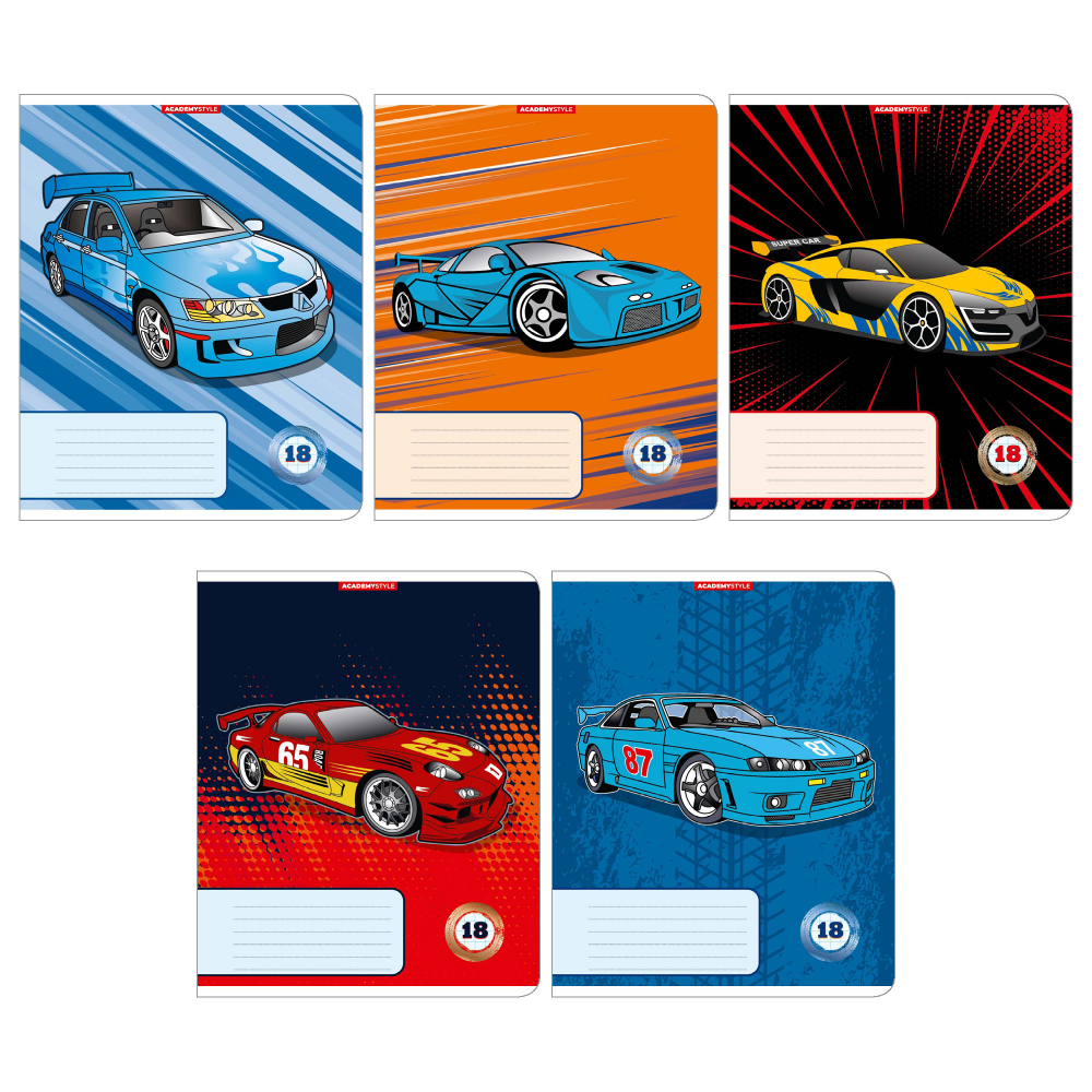 Тетрадь А5 18л клетка скрепка меловкартон Машинки ВД-лак ассорти ACADEMY STYLE 143345 30₽