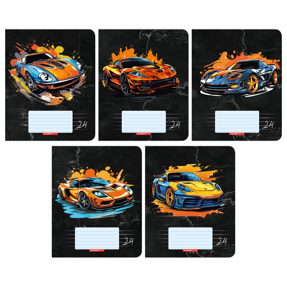 Тетрадь А5 24л линия скрепка меловкартон Машины на черном ВД-лак ассорти ACADEMY STYLE 143595 35₽