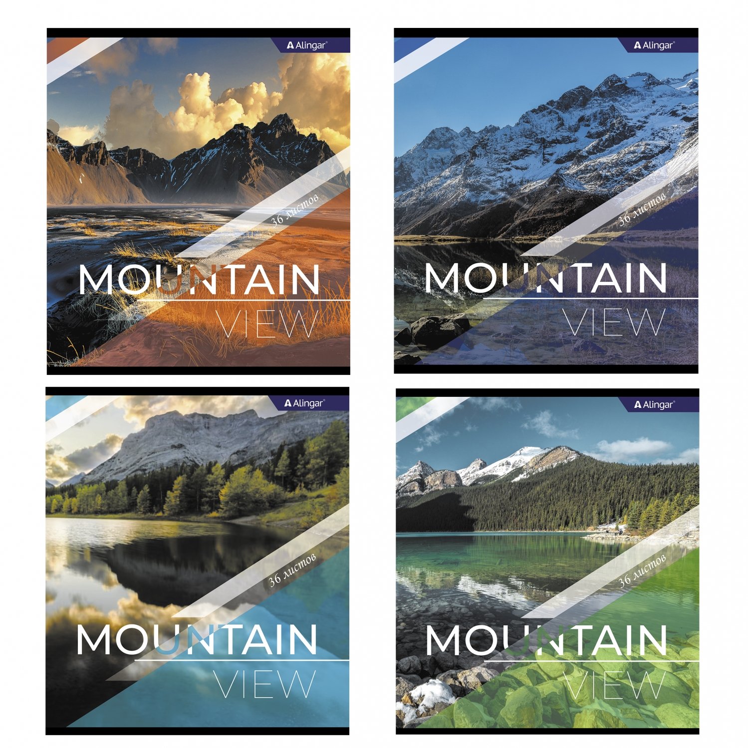 

Тетрадь А5 36л клетка скрепка мелов.картон Mountain view ассорти 4диз. ALINGAR AL10820