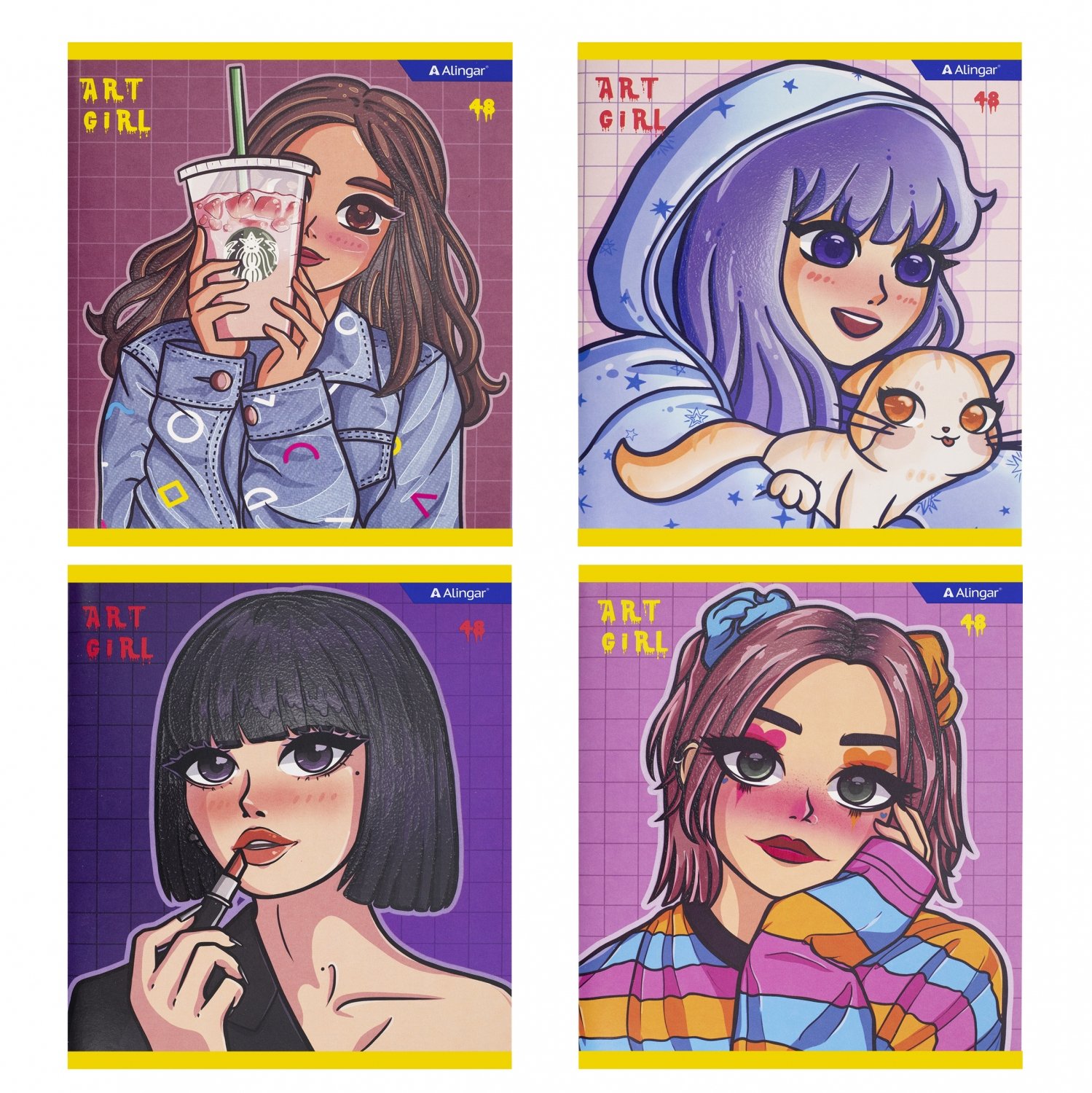 

Тетрадь А5 48л клетка скрепка мелов.картон Art girls ассорти ALINGAR AL10903
