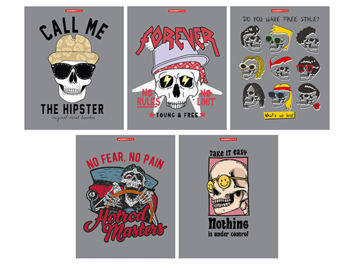 

Тетрадь А5 48л клетка скрепка мелов.картон Веселые черепа серебро ассорти ACADEMY STYLE 14048/5