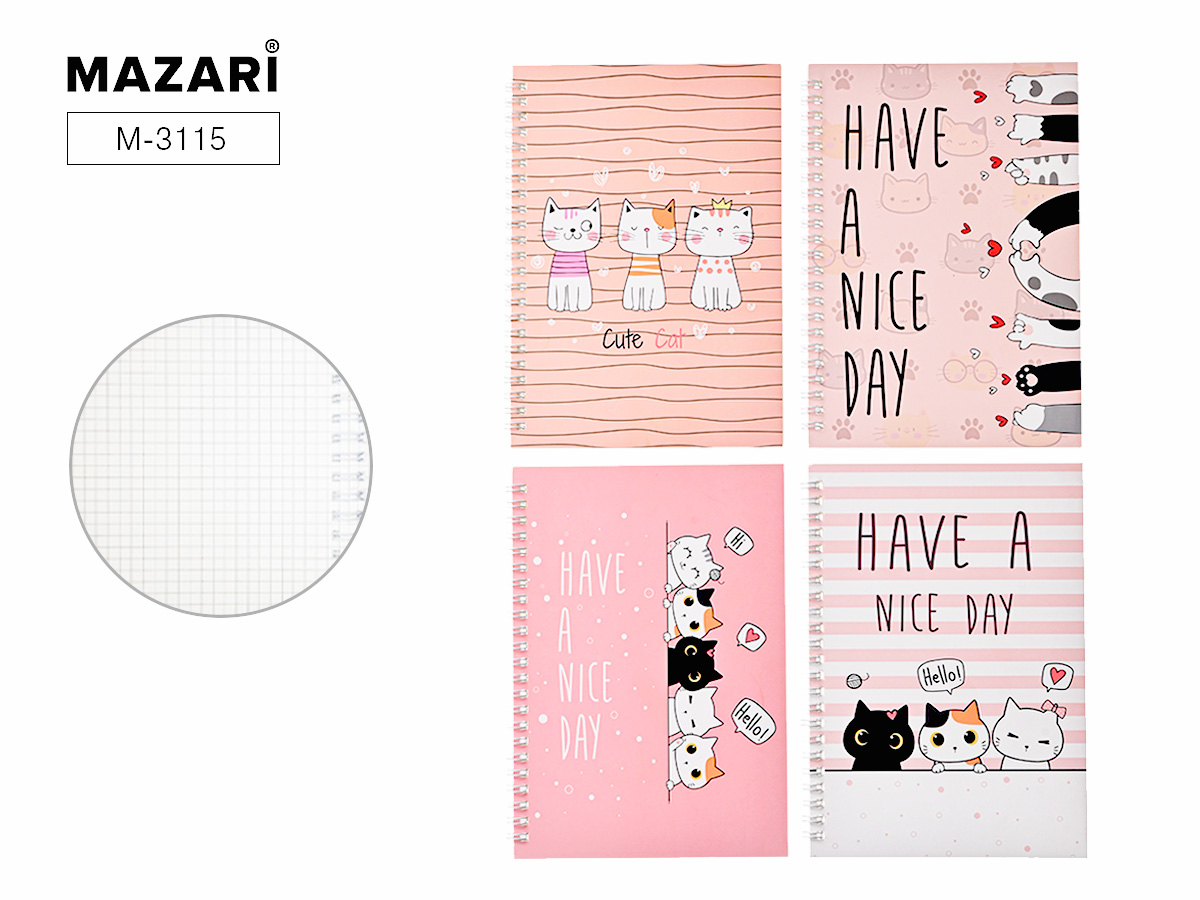 

Блокнот А5 58л клетка гребень Котики ассорти MAZARI M-3115
