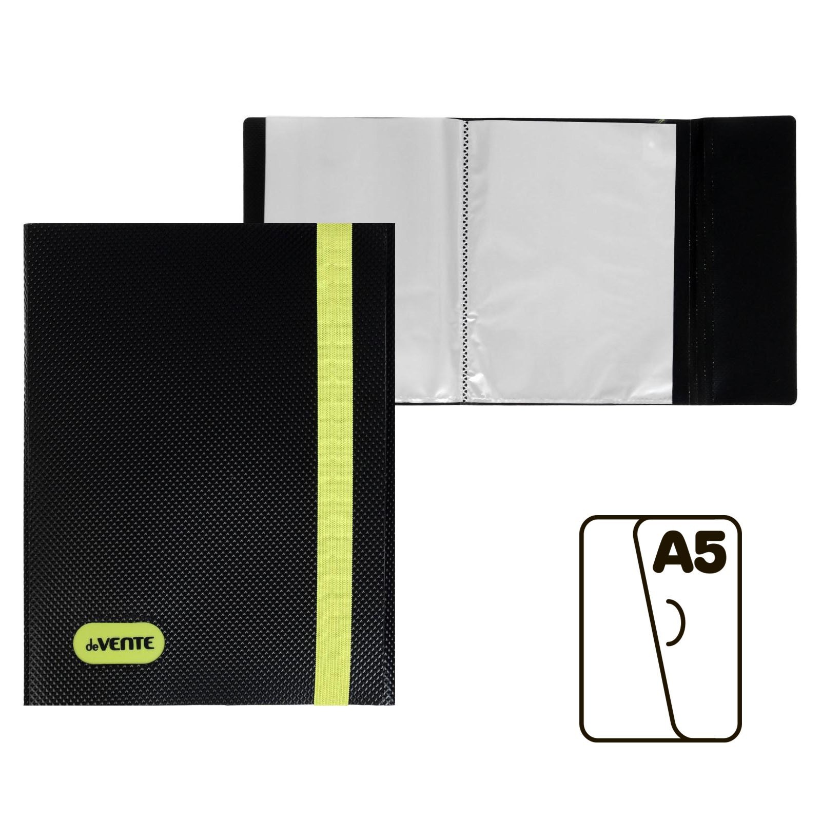 

Папка 20 вкладышей пластик А5 торец 17мм пл.500мкм MonoChrome черный неон желтый deVENTE 3101927