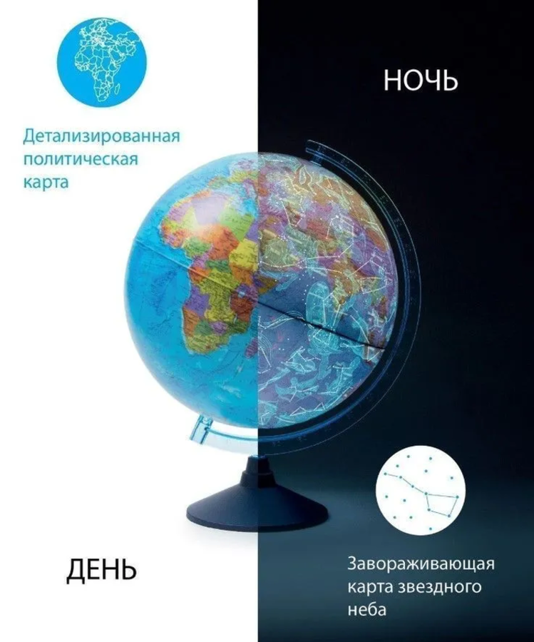 

Глобус политический 250мм с подсветкой две карты Классик евро День и ночь GLOBEN Ке012500278