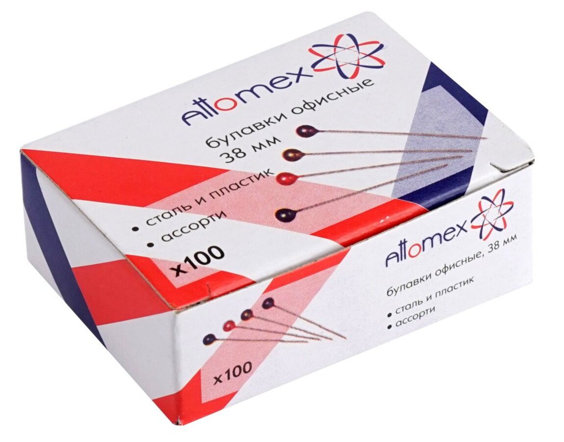 Булавки 38мм 100шт картуп ассорти круглая головка ATTOMEX 4130300 42₽