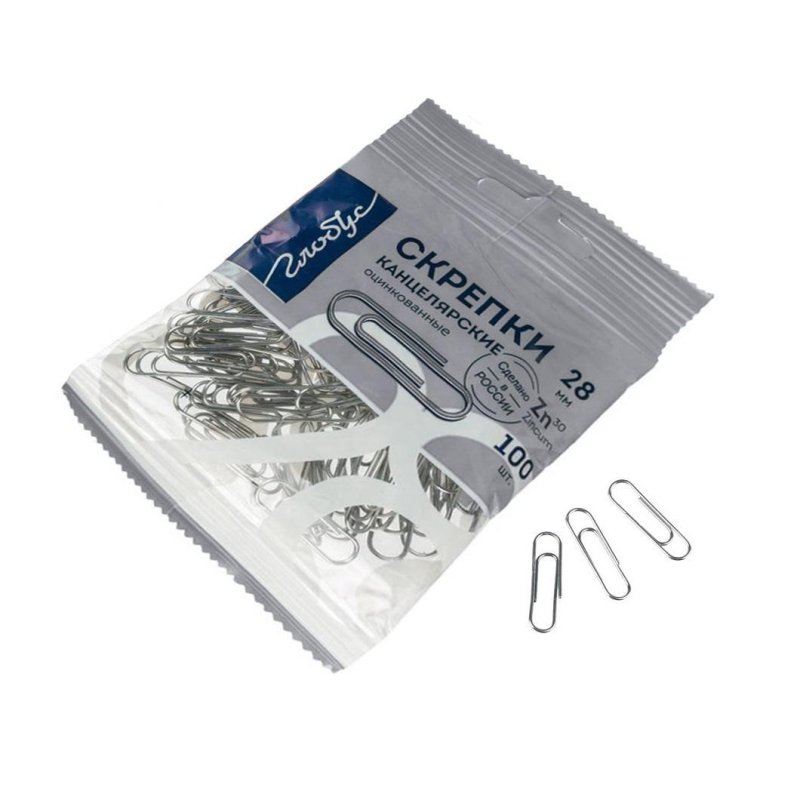 

Скрепки 28мм 100шт оцинкованные пакет Глобус С28-100ЦПл