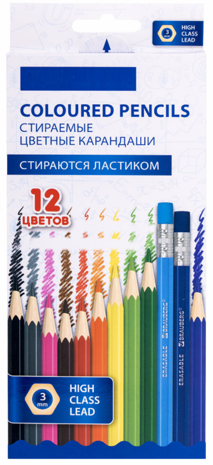

Карандаши цветные 12цв 6-гран. дерево стираемые с ластиком мягкие гриф. Erasable BRAUBERG 181932