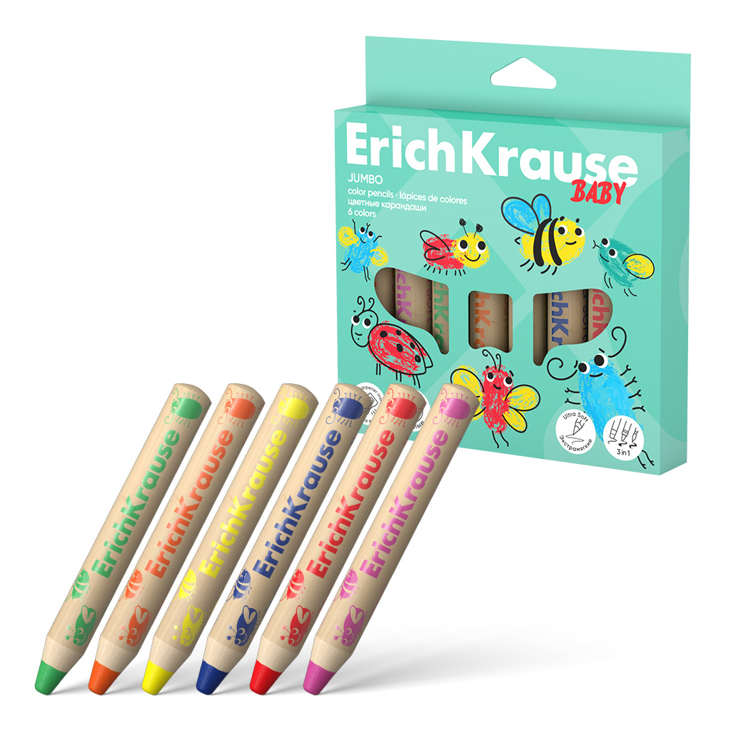 

Карандаши цветные 6цв круглые дерево утолщенные + точилка Baby Jumbo карт.уп. ERICH KRAUSE 61778