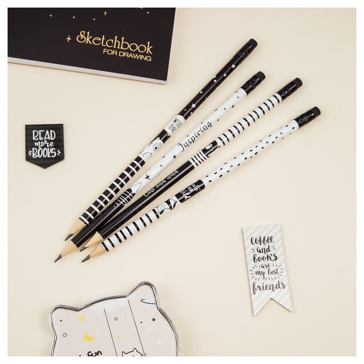 Карандаш чернографитный HB Blackwhite круглый дерево с ластиком ассорти MS_47220 21₽