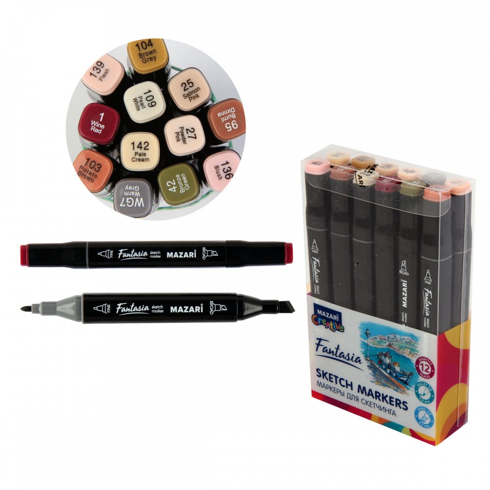 Маркеры для скетчинга двухсторонние 12цв FANTASIA Skin Wood colors MAZARI M-15017-12 197₽
