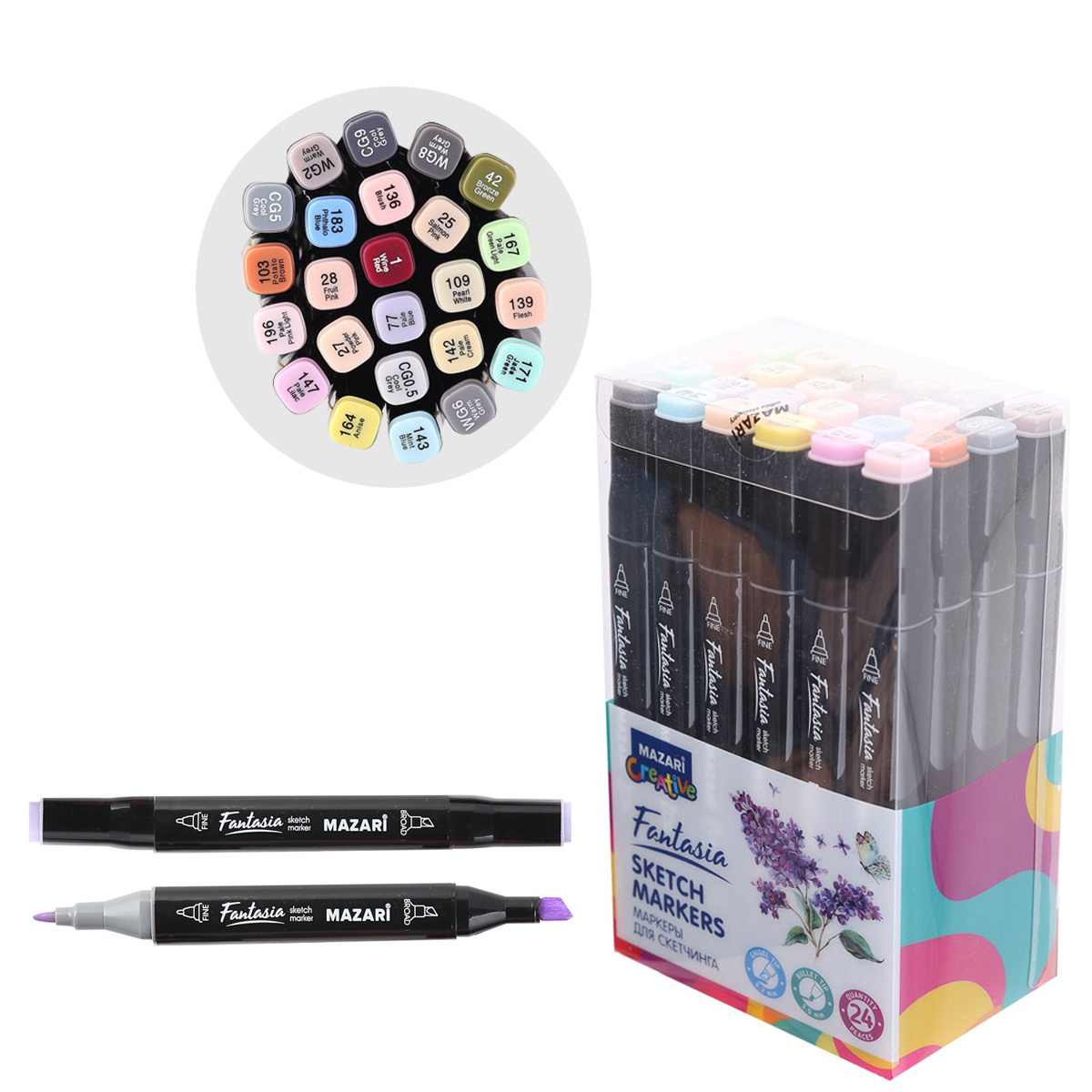 Маркеры для скетчинга двухсторонние 24цв FANTASIA Grey pastel colors MAZARI M-15024-24M-15024-24A 359₽
