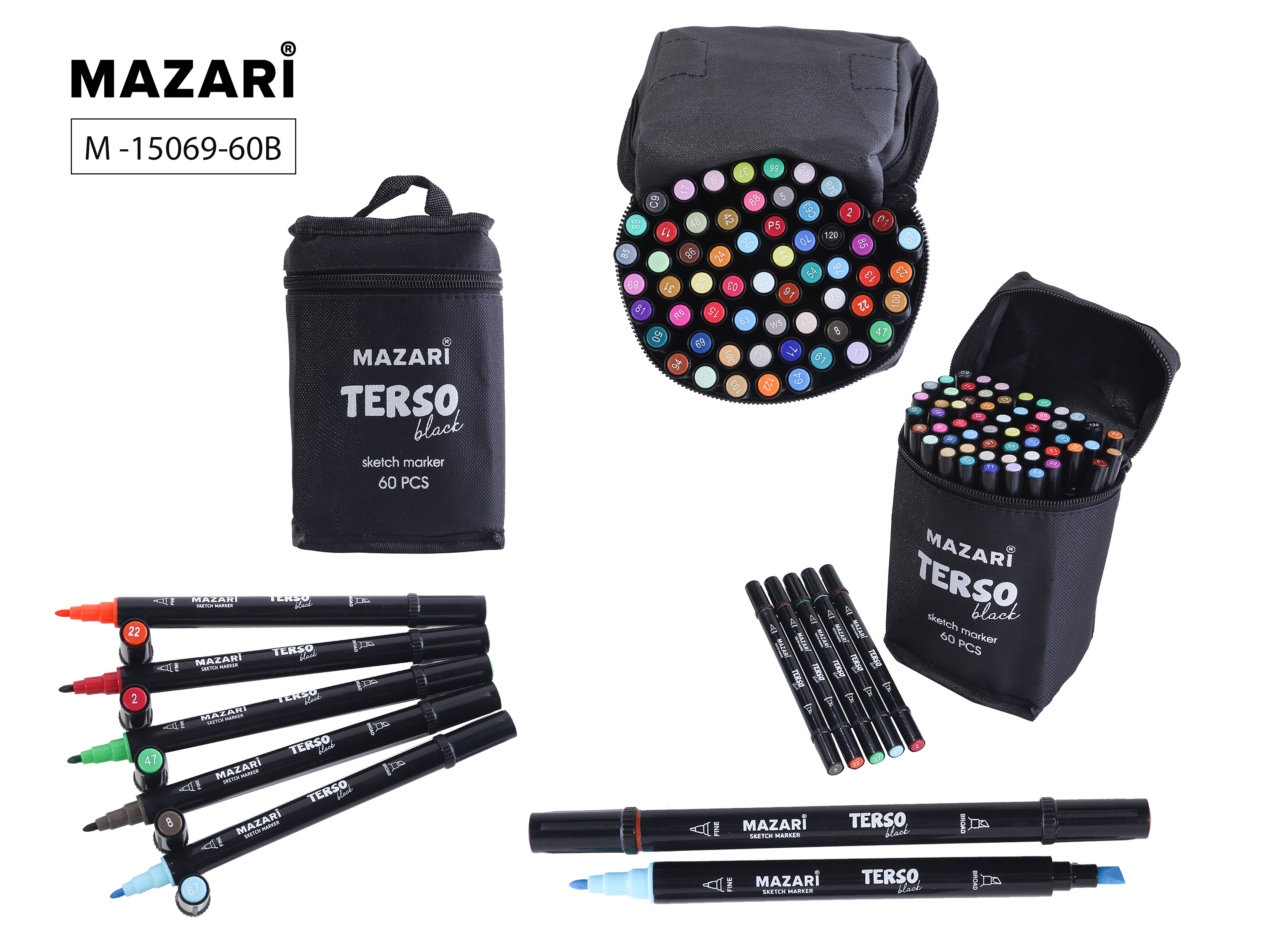 

Маркеры для скетчинга двухсторонние 60цв Terso Black MAZARI M-15069-60B