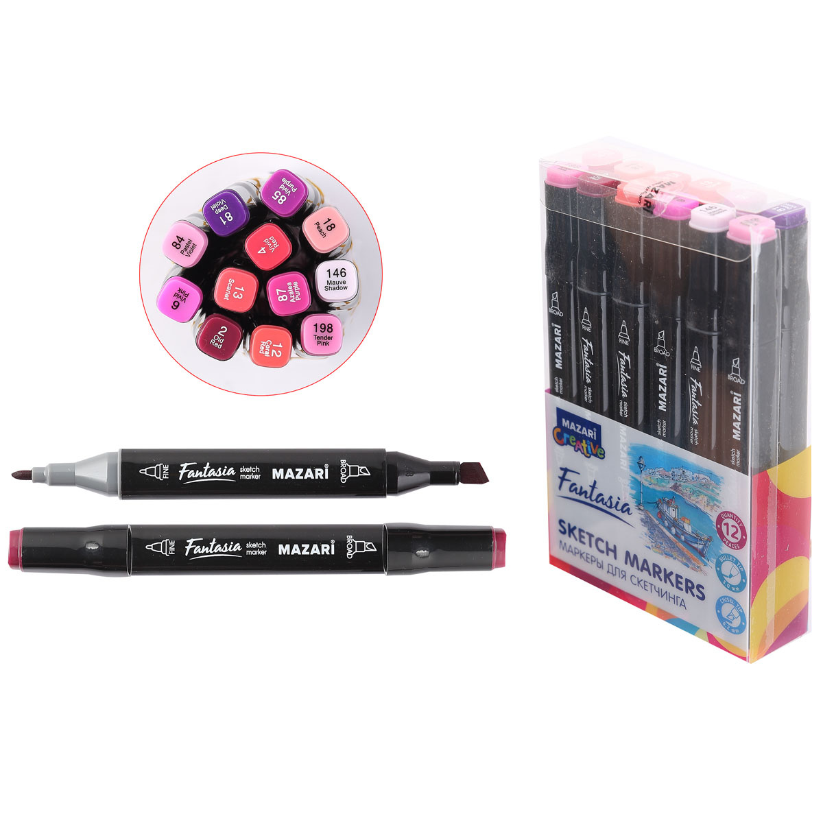 

Маркеры для скетчинга двухсторонние 12цв FANTASIA Berries colors ягодные цвета MAZARI M-15019-12