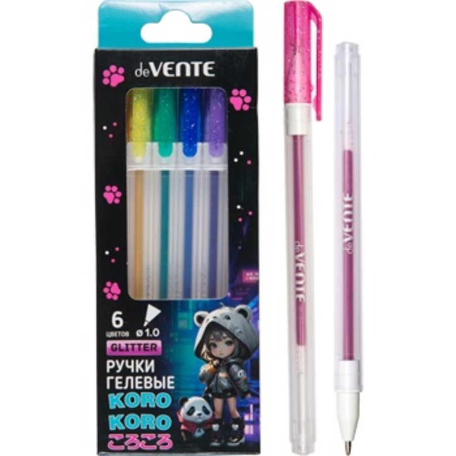 

Ручка гелевая Набор 6цв 1,0мм Korokoro с блестками карт.уп. deVENTE 5051533