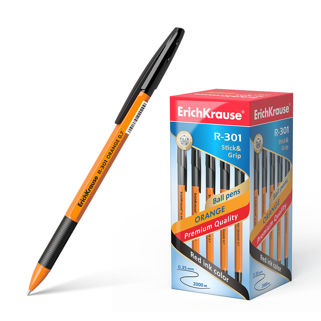 

Ручка шариковая черная 0,7мм R-301 Orange резин.держ. оранж.корп. ERICH KRAUSE 39533