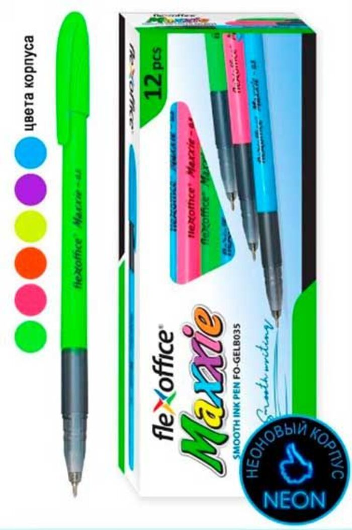 

Ручка шариковая синяя 0,5мм Maxxi Neon масл.черн.корп.ассорти FLEXOFFICE FO-GELB035-N-MIX