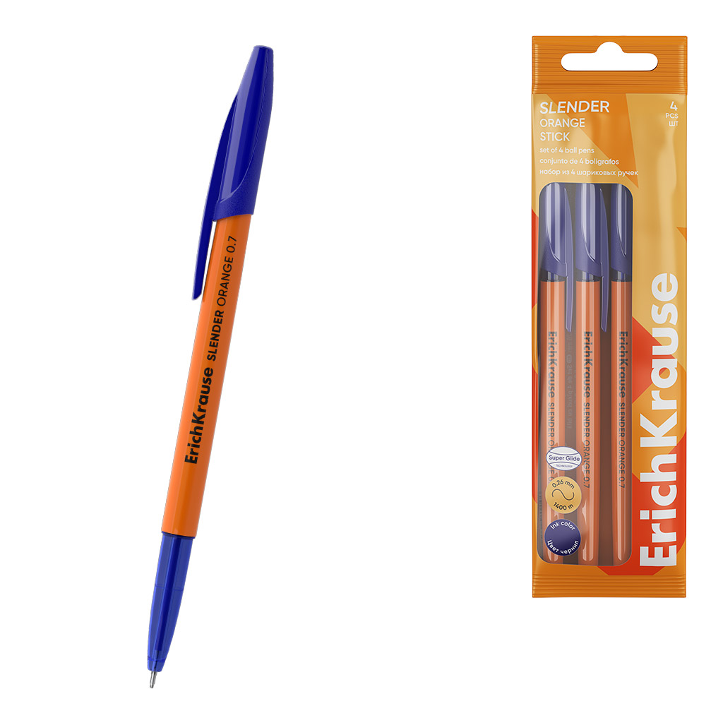 

Ручка шариковая Набор 4шт 0,7мм Slender Stick Orange Super Glide Technology ERICH KRAUSE 63093