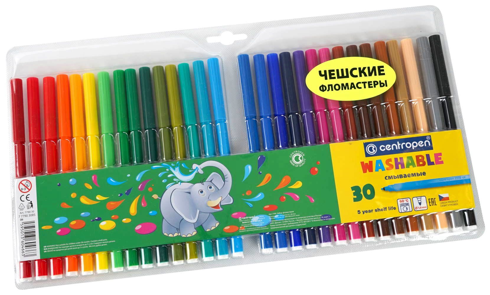 

Фломастеры 30цв 6-гран. смываемые вент.колпачок блистер Washable CENTROPEN 7 7790 3085