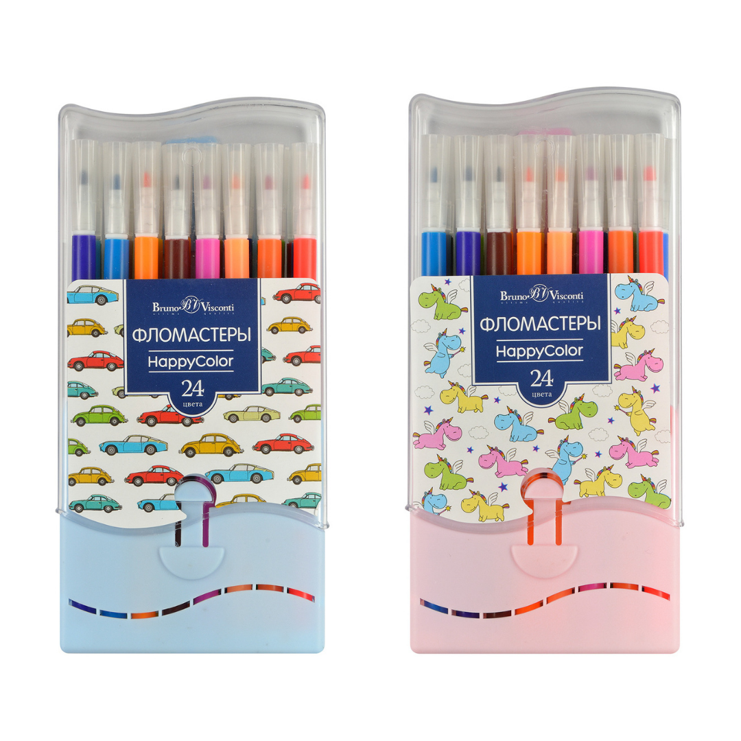 Фломастеры 24цв смываемые круглые вент колпачок пласт пенал Happycolor BRUNO VISCONTI 32-0045 187₽