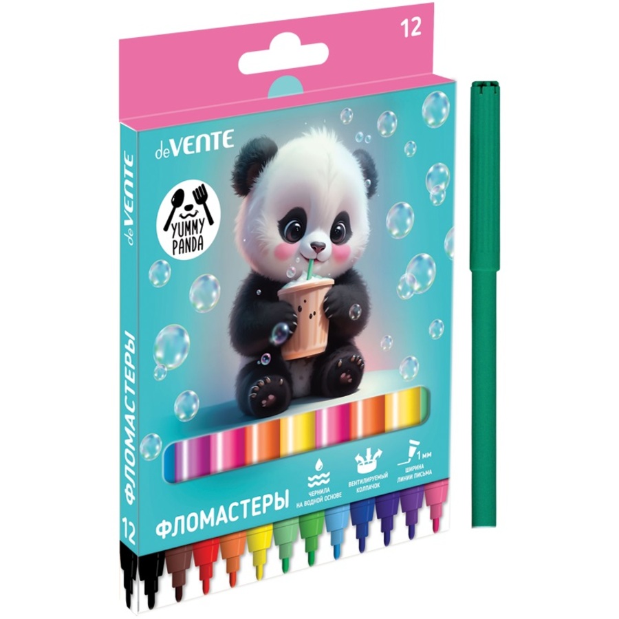 

Фломастеры 12цв круглые конусовид. вент.колпачок карт.уп. Yummy Panda deVENTE 5081531