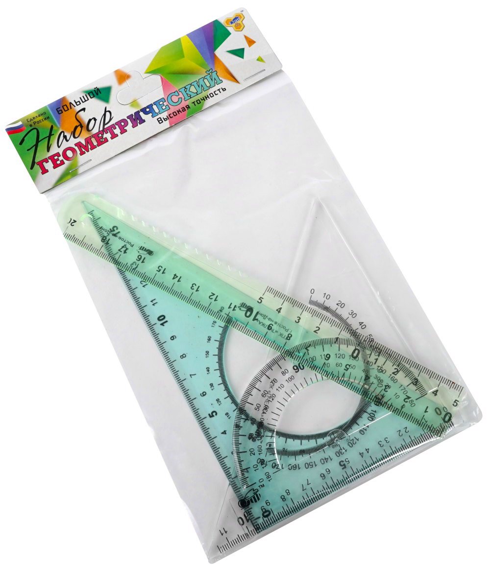 Набор геом 4пр большой линейка 20см угольник 11см 17см трансп прозрач цветной ПЧЕЛКА НП-3 90₽