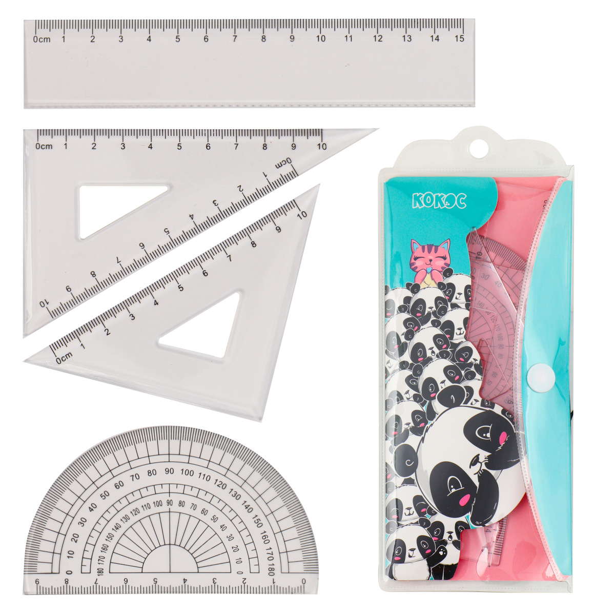 

Набор геом. 4пр. малый Панда треугольник 2шт+линейка+транспортир прозрач. Кокос 240900