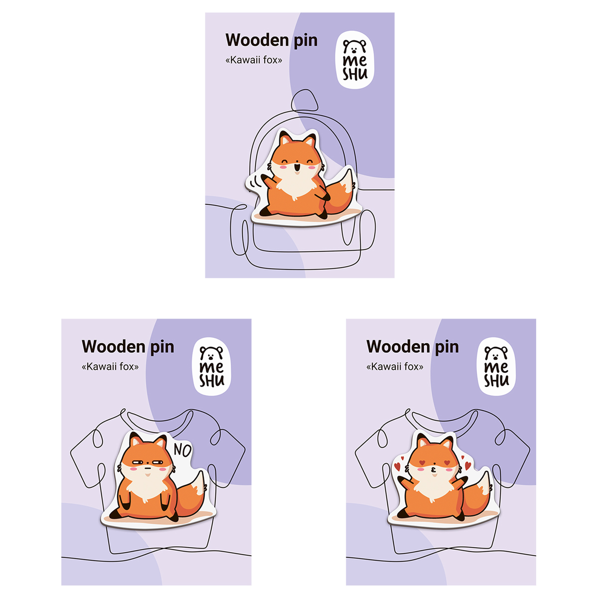 

Значок деревянный набор 3шт Kawaii fox каширование
