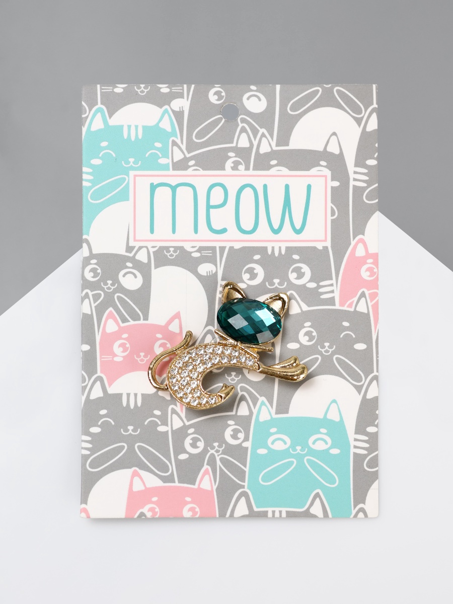 

Брошь Кошечка с бантом изумрудно-белый в золоте