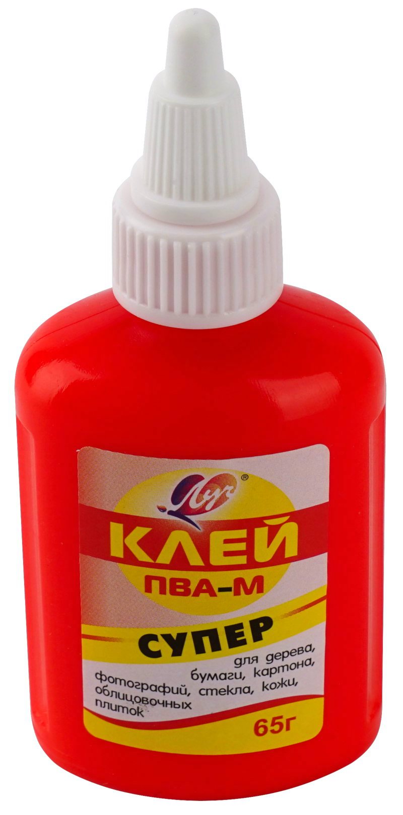 

Клей ПВА 65г ПВА-М с дозатором навин.крышка красный флакон Супер ЛУЧ 20с 1332-08