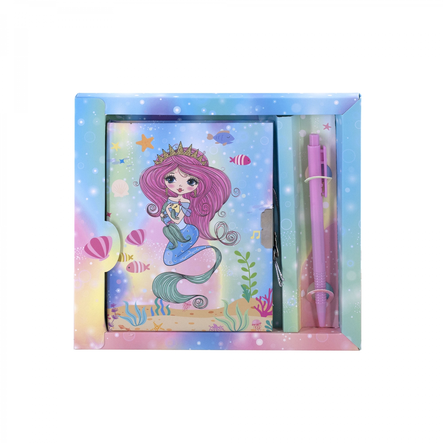 

Набор Блокнот с замком 130х180мм 48л клетка тв.обл. + Ручка Нежная русалка голубой ALINGAR AL11296/3