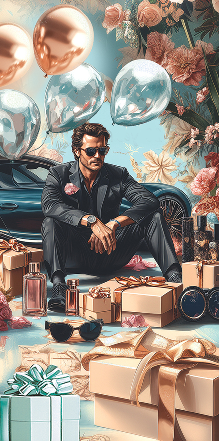 

5.0000040 Конверт для денег Евро Мужчина с подарками (уни) Без текста Цветные блестки в лаке