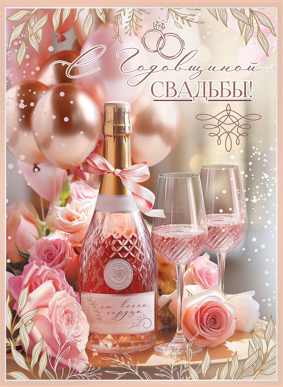 

7800115 Открытка А4 С Годовщиной свадьбы! От всего сердца (уни) С текстом Блестки