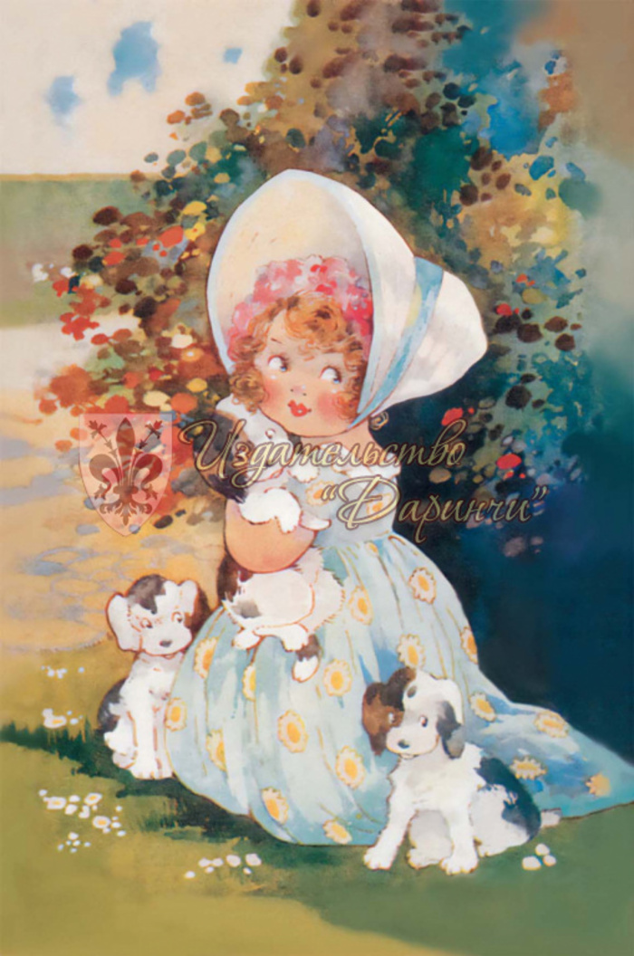 №749 Открытка почтовая А6 Винтажная Девочка с щенками (жен) Без текста