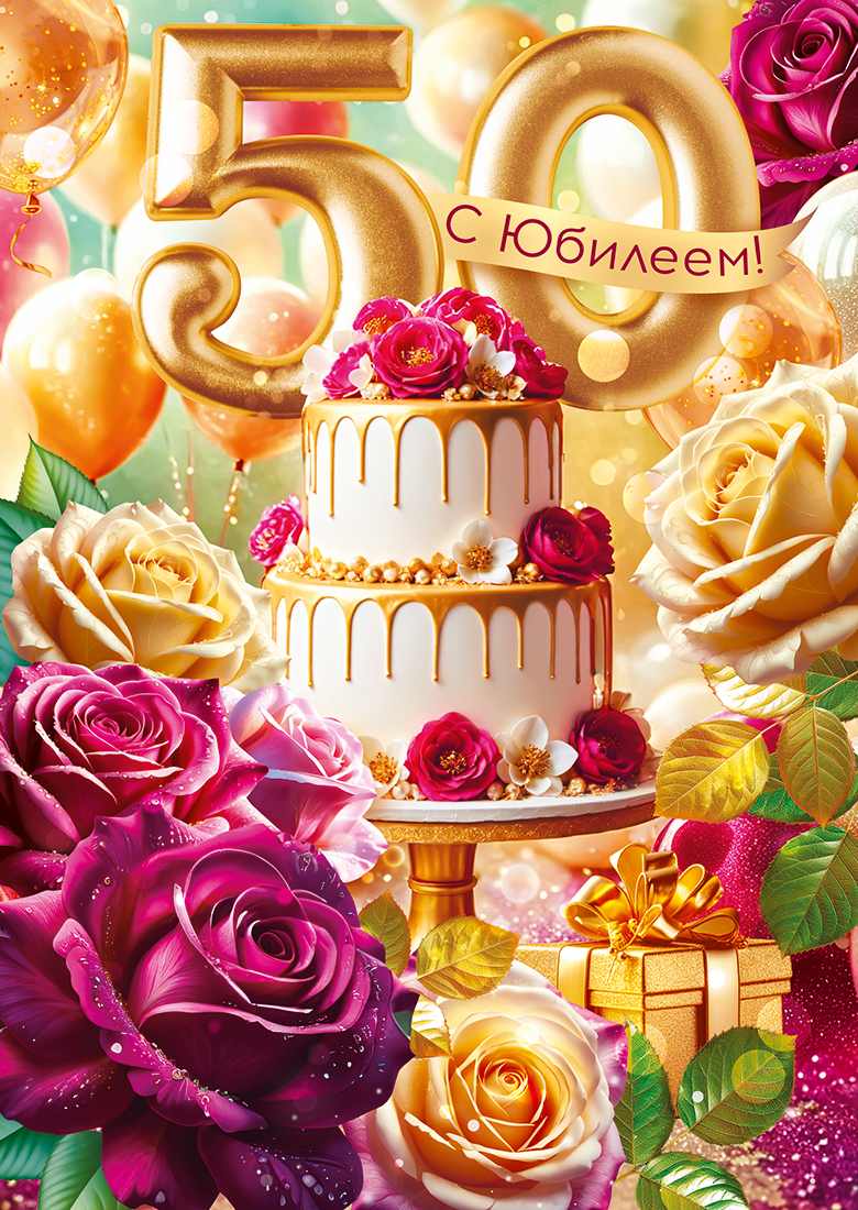 

9.0000478 Открытка А4 С Юбилеем! 50 лет (жен) С текстом Цветные блестки в лаке