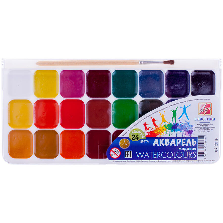 

Акварель 24цв медовая с кистью пласт.уп. Классика ЛУЧ 19с 1295-08