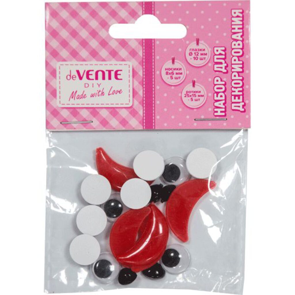 

Набор глазки 12мм носики 8x6мм ротики 25x15мм 20шт самоклеящиеся deVENTE 8001300