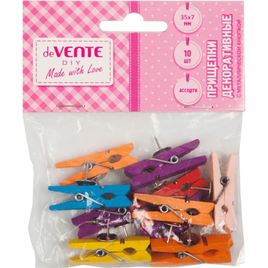 Прищепки деревянные 10шт Spin Pin с металлической кнопкой ассорти deVENTE 8120202 54₽