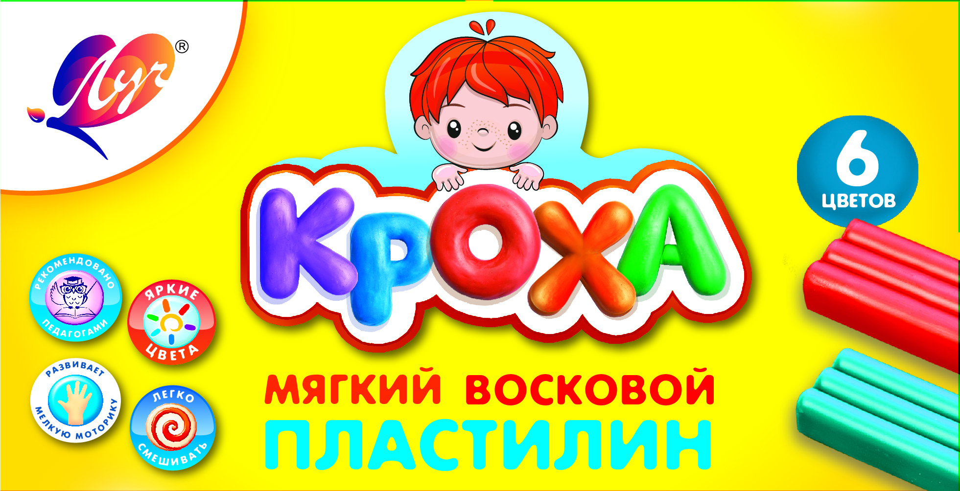 

Пластилин 6цв 90г восковой мягкий Кроха со стеком карт.уп. ЛУЧ 12с 863-08
