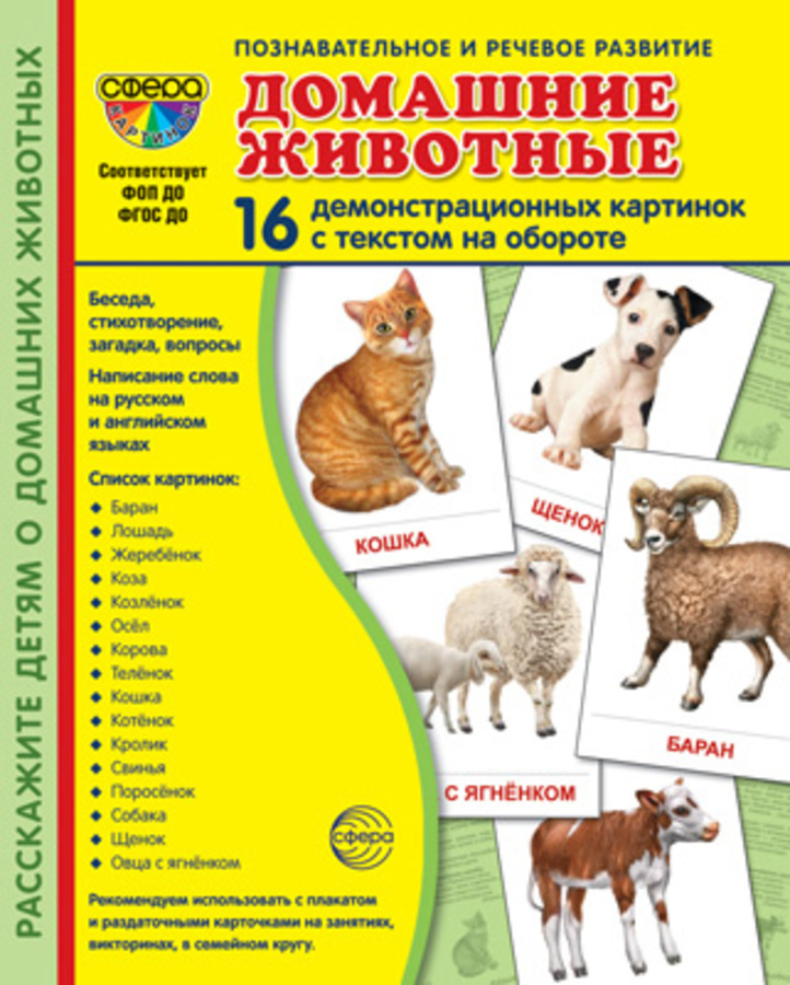 

Карточки демонстрационные Домашние животные 16шт 173х220мм
