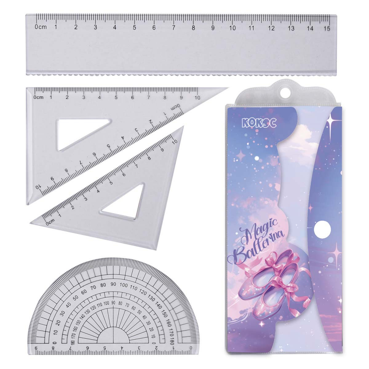 Набор геом 4пр малый линейка 15см 2 угол транспортир Magic ballerina прозрачный Кокос 250878 115₽