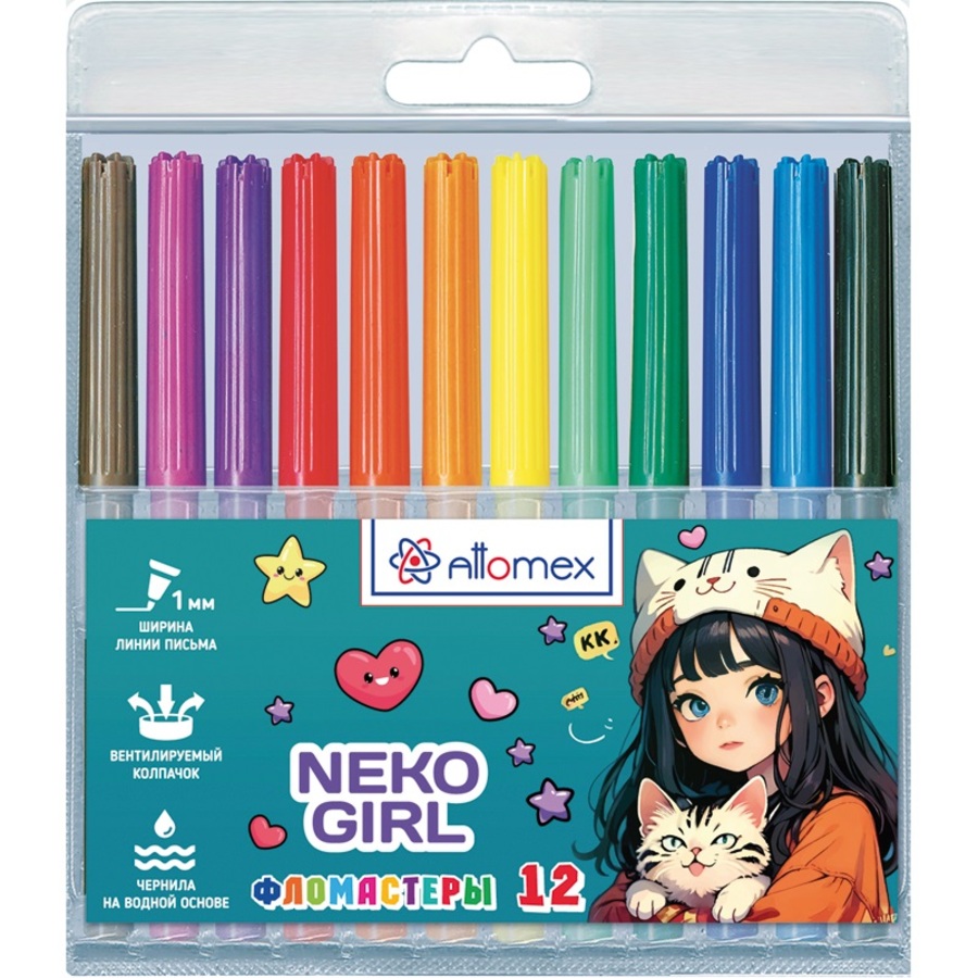 

Фломастеры 12цв круглые вент. колпачок блистер NekoGirl ATTOMEX 5081537
