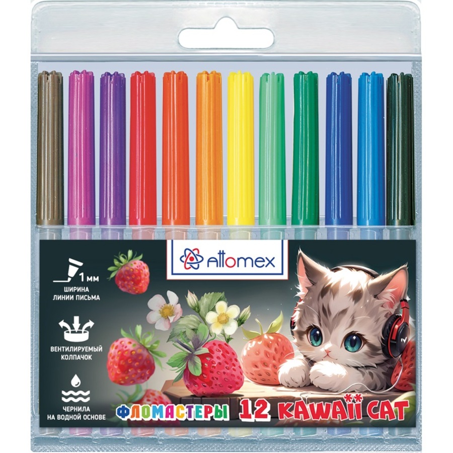 

Фломастеры 12цв круглые вент. колпачок блистер Kawaii Cat ATTOMEX 5081536
