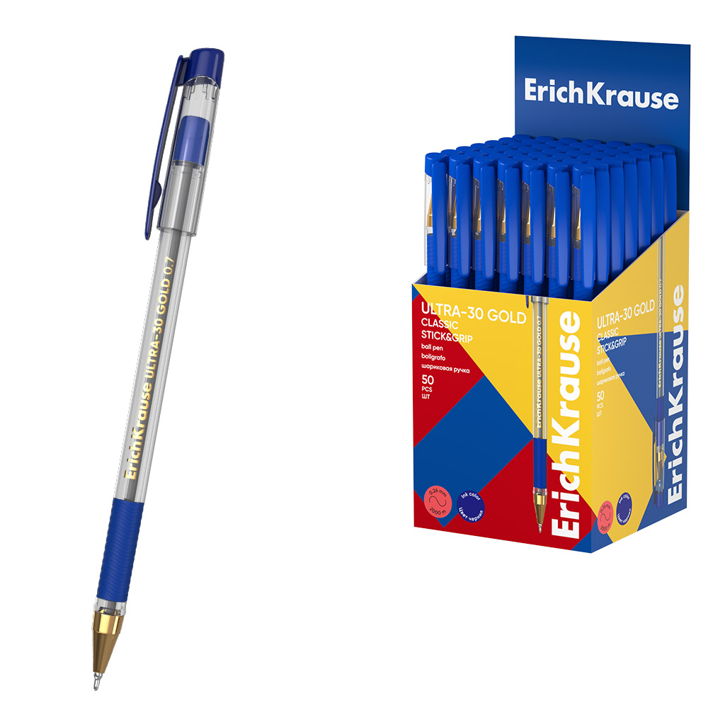 

Ручка шариковая синяя 0,7мм ULTRA-30 Gold Stick&Grip Classic ERICH KRAUSE 63112