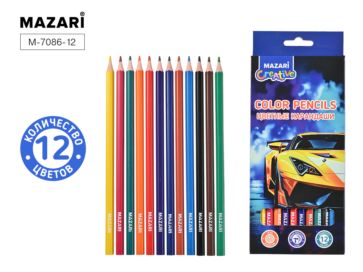 

Карандаши цветные 12цв 6-гран. пластик Car MAZARI M-7086-12