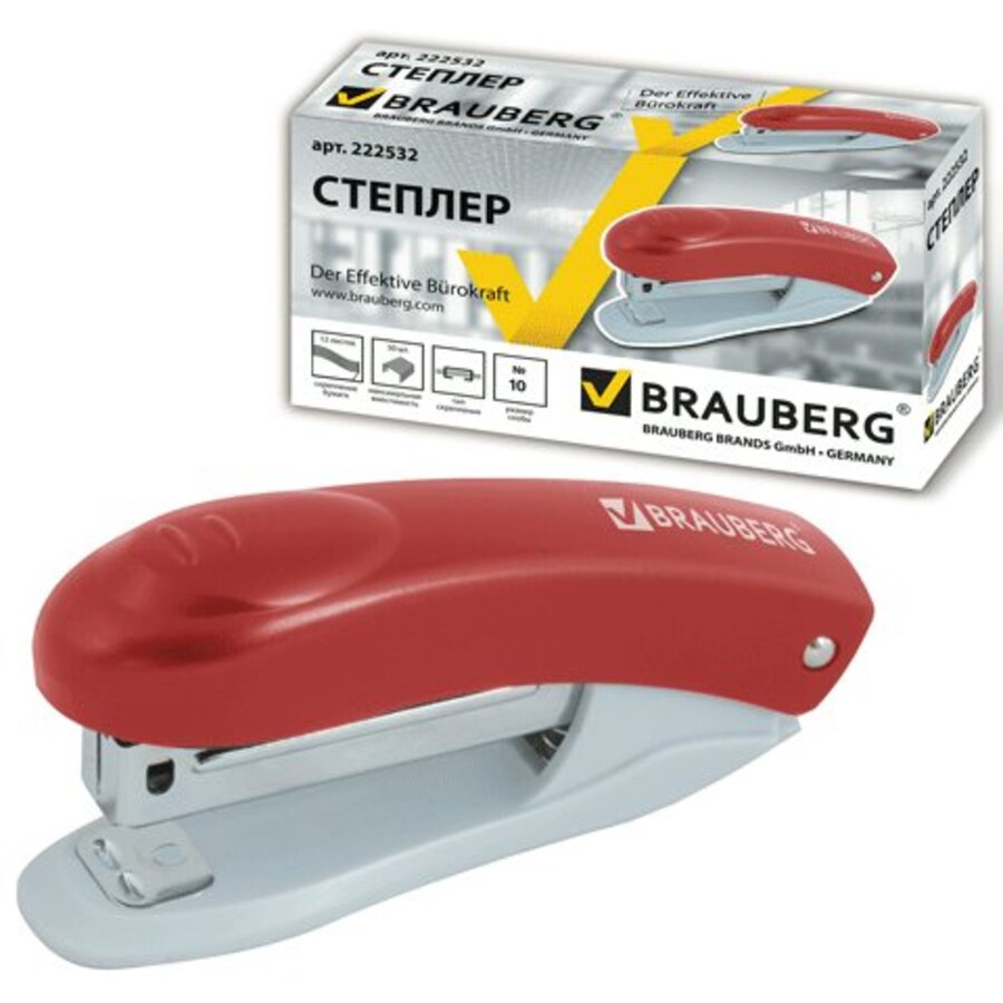

Степлер №10 12л пластик красный встроенный антистеплер BRAUBERG 222532